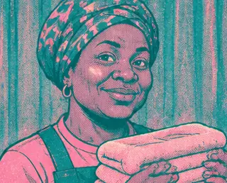 Adaeze Nwankwo berkerudung kain, memegang handuk terlipat.