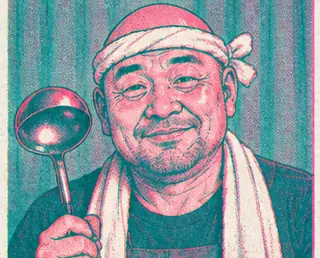 Hamish Ulyett berikat kepala handuk, memegang sendok sayur.