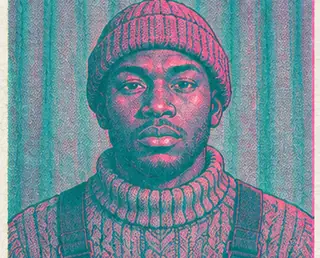 Femi Trethewey bersweter rajut dan kupluk, wajah serius.