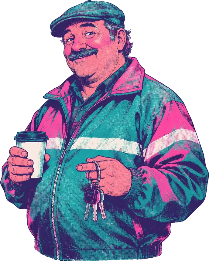 Cosmo Darrowby, sopir taksi berkumis dan bertopi pet, memegang kunci mobil dan gelas kopi.