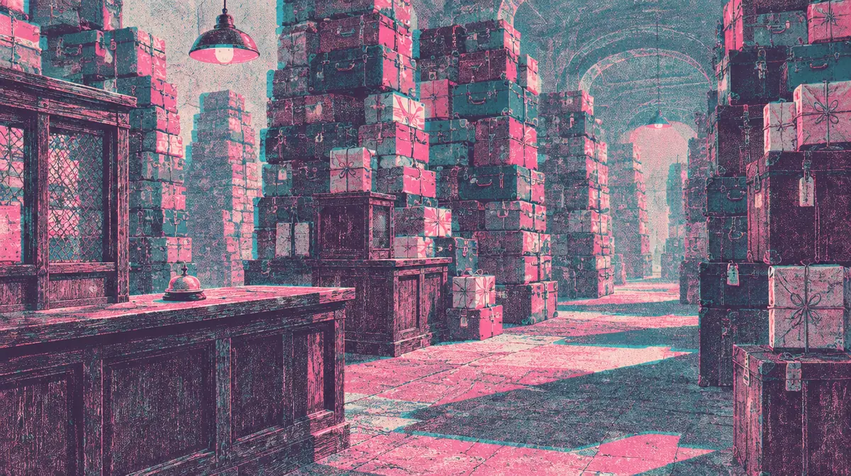 Old Customs: lorong dari tumpukan koper dan paket tak bertuan, meja pemeriksaan kayu dengan bel.